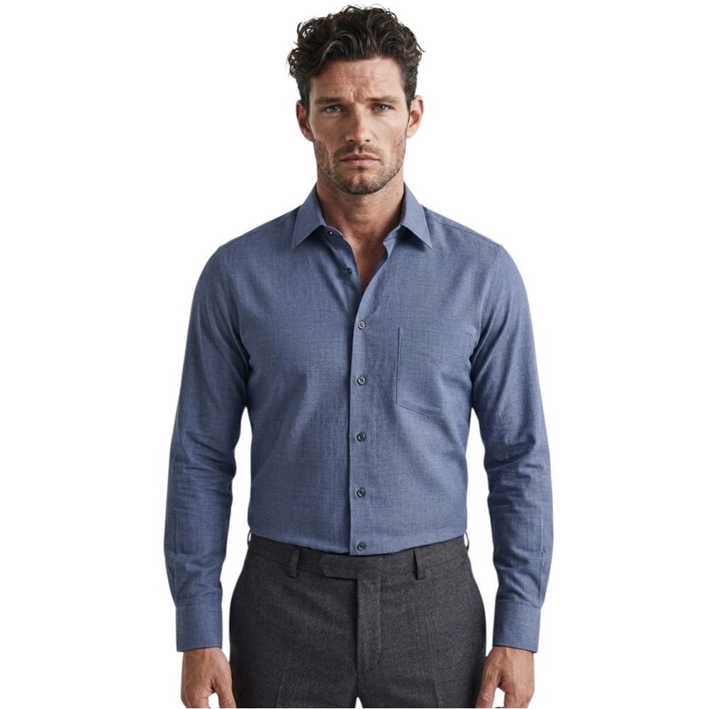 🔹 Canali Blue Textured Cotton‎ Dress Shirt – Made in Italy